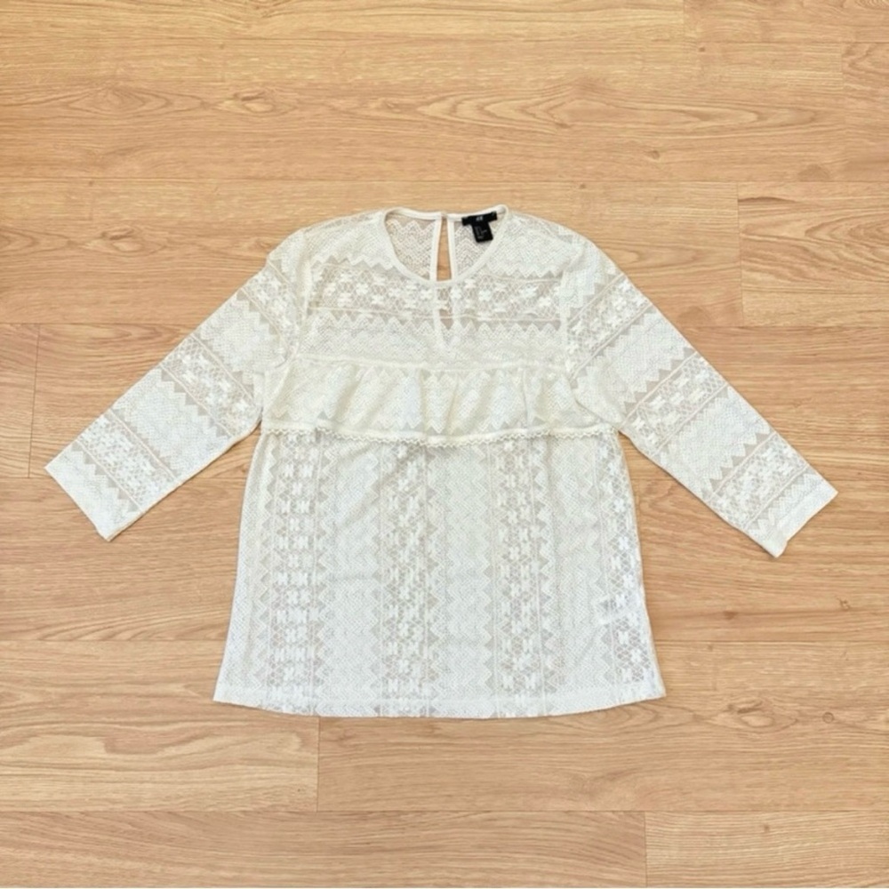 H&M Cottagecore Ivory Lace Ruffle 3/4 Sleeve Sheer Top